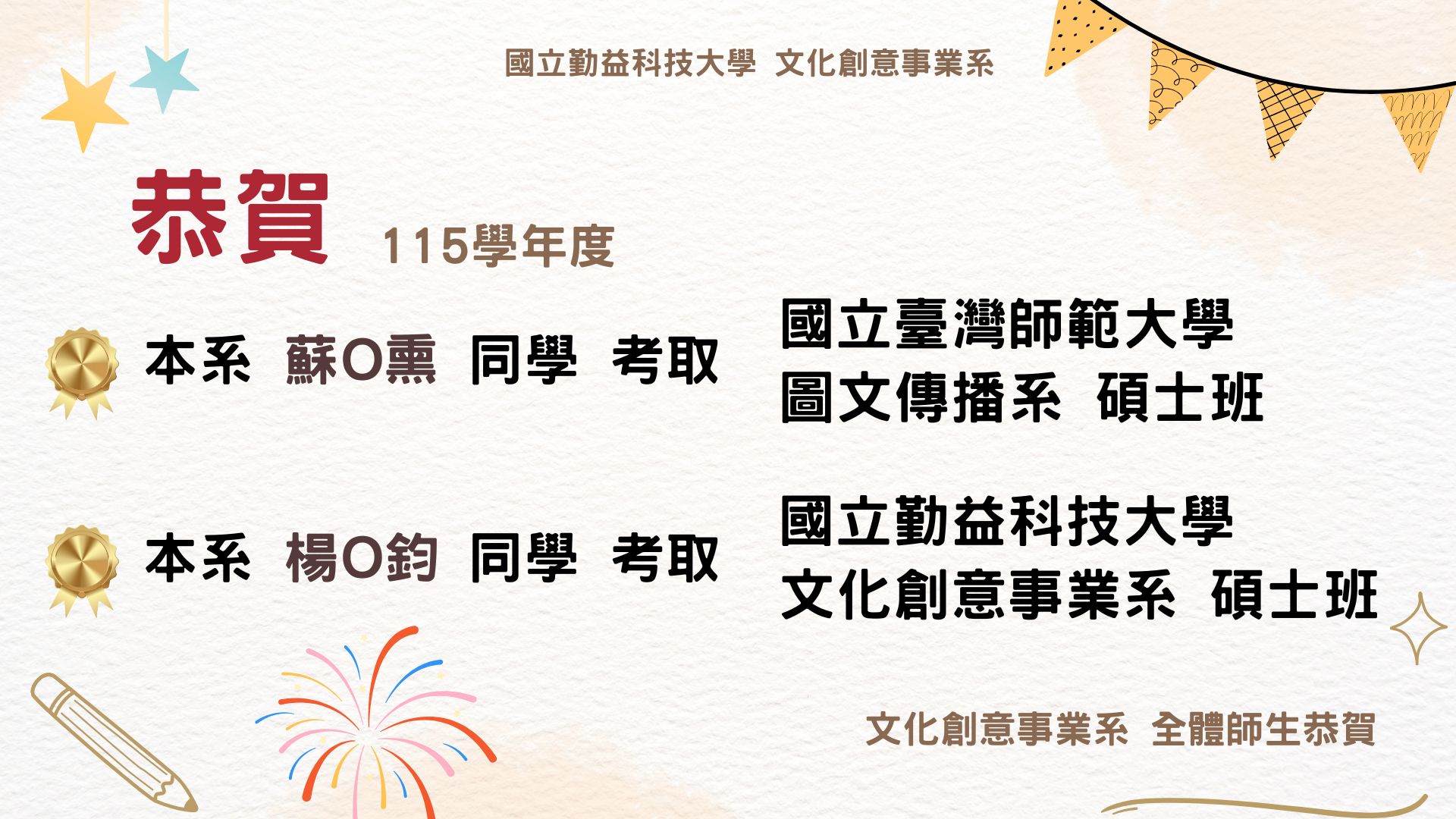 115學年度碩士班上榜